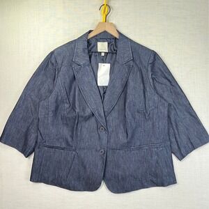 Sejour Denim Blazer 20W Jacket NEW Womens Blue Three Quarter Sleeve Cotton Blend
